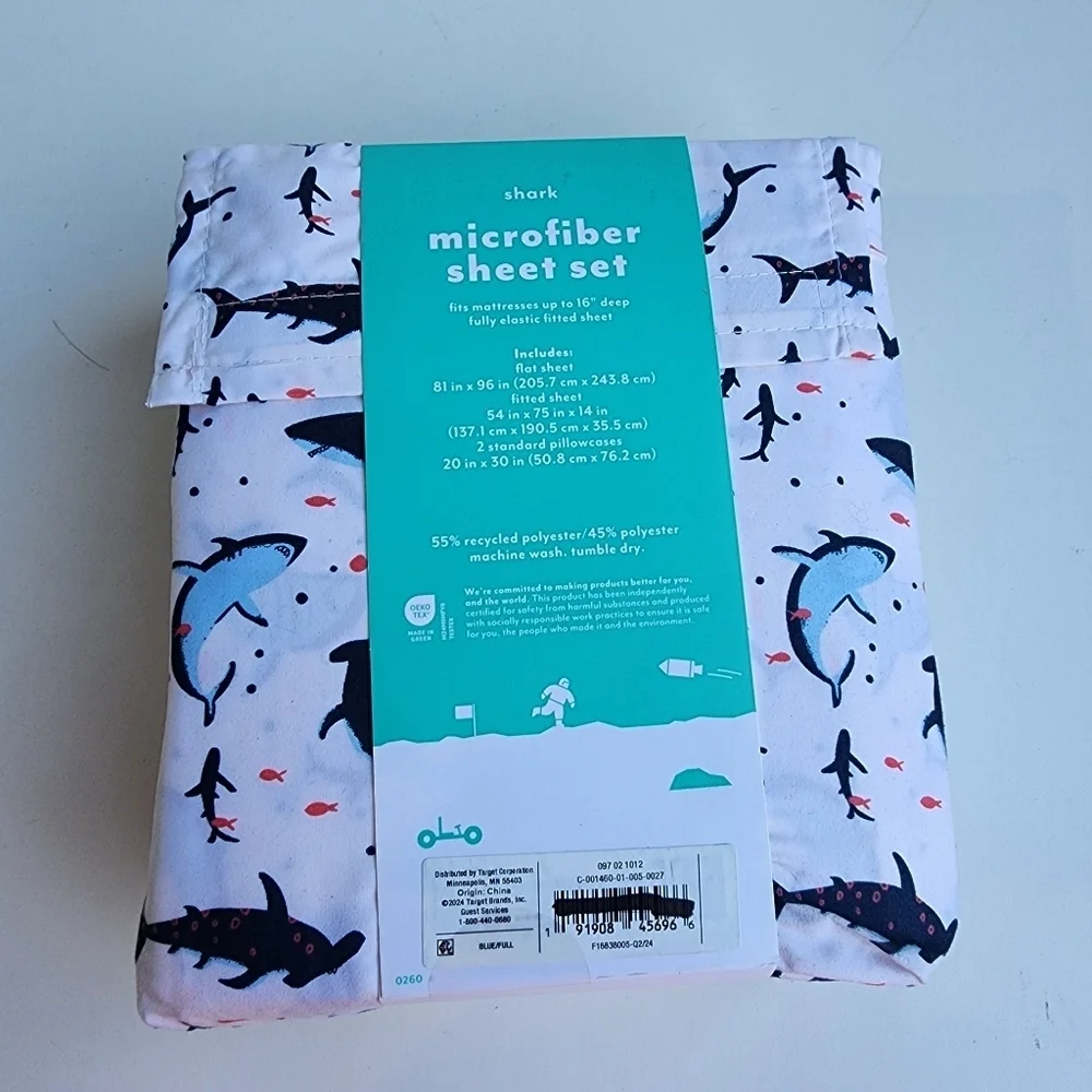 New Pillowfort 4PC Set Shark Microfiber Kids' Sheet Set Blue White Ba1